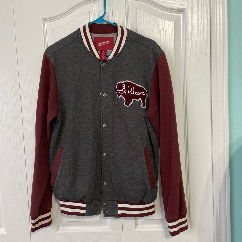 Jersey knit jacket varsity style from Arizona. Size S burgundy/gray light weight